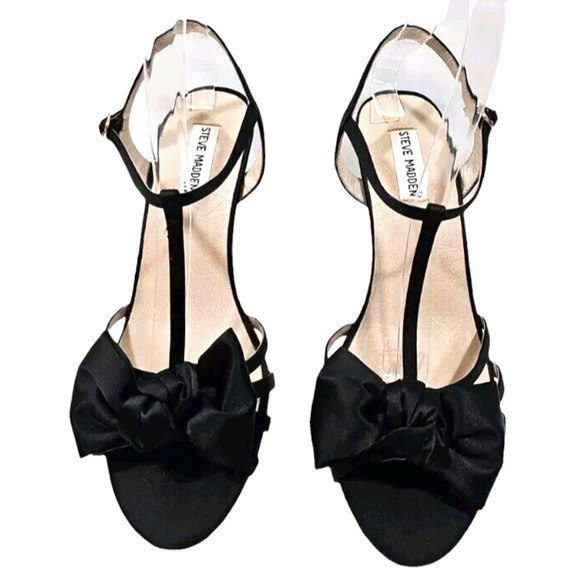 Steve Madden Gramicy Satin Bow Heels T-Strap Black Formal Size 10M FABRIC UPPER - Picture 6 of 9